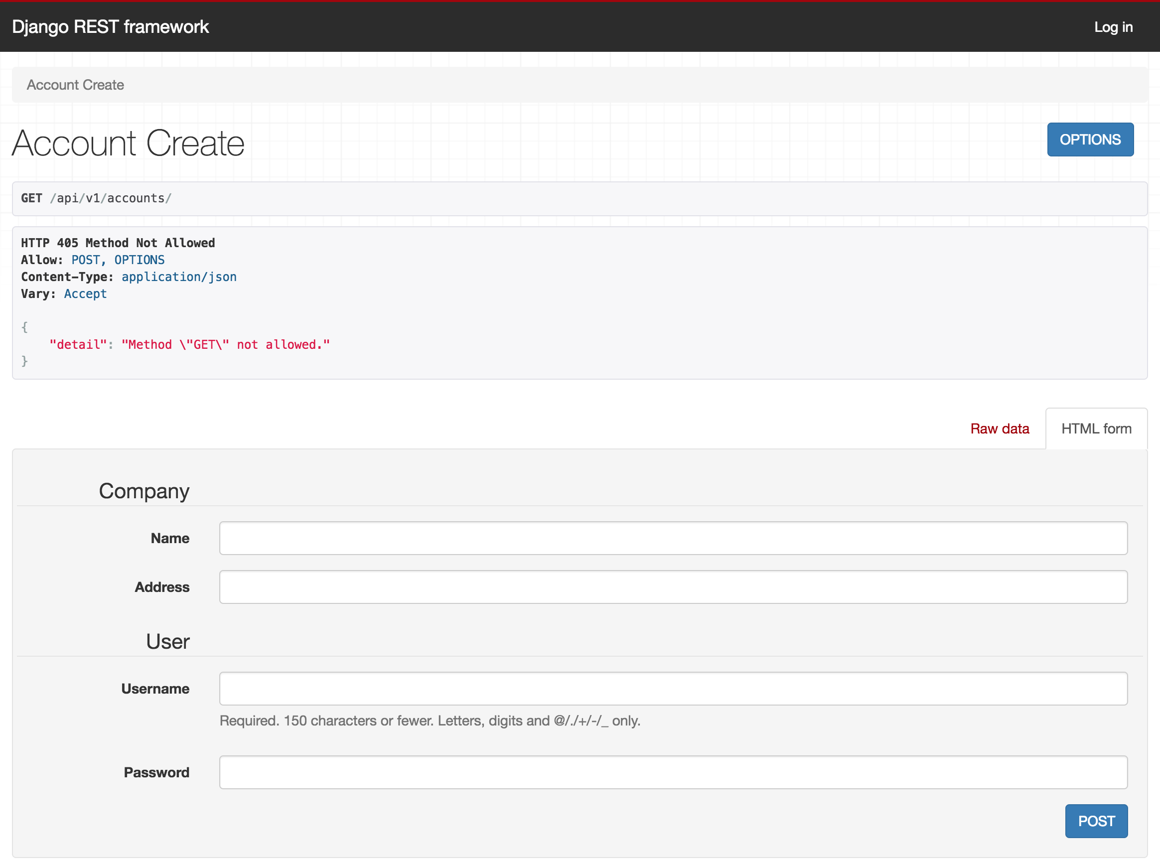 Account creation page in Django rest framework